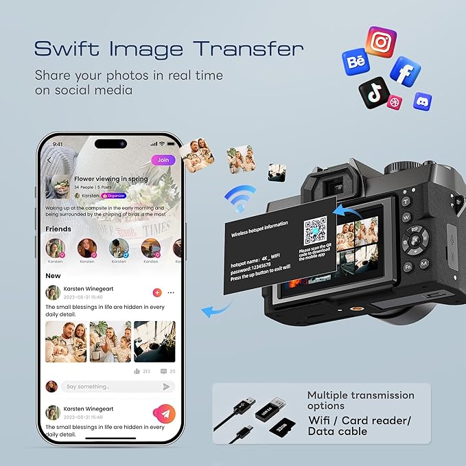 Digital Cameras for Photography with WiFi&App Control, Ture 4K&48MP Vlogging Camera for YouTube,Compact,16X Zoom Autofocus, Anti-Shake for Entry-Level User, Beginners, Macro&Wide Lens-32GB Card(Black)