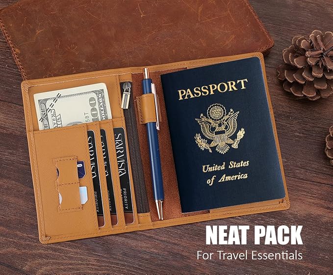 STAR VISTA Phoenix Leather Passport Holder, Calfskin Leather Travel Wallet - RFID Blocking, ID Window, Zipper Pocket, Pen & Notebook Included, AirTag Holder, Honey