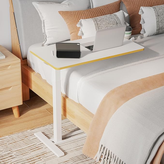 SANODESK Medical Adjustable Overbed Bedside Table with Hidden Casters, Pneumatic Mobile Laptop Computer Standing Desk Cart with Tray, Hospital and Home Use(31.5" W x 17.7" D, White)