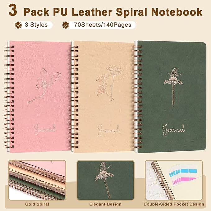 Stationery Set for Women, Journaling Kit, 3PCS A5 Spiral Notebooks, Gel Pens, Steel Bookmark, Sticky Notes & Tabs, Gift Box - Aesthetic Gift Set for Work Students School Office Supplies