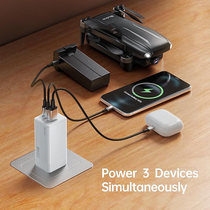 Bwine 65W USB C Charger, 3-Port GaN Fast Wall Charger, Compact Charging Blocks for iPhone 17,Galaxy S24,Note 20/10+,Drone Battery and More, White