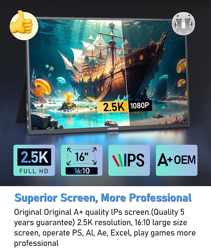 2.5K 144Hz Portable Gaming Monitor 16", 2560x1600, Plug & Play, 100% sRGB, 500nits, 16:10, Eye Care Second Computer Display with Speakers for Laptop, PC, Mac, P-S4/5, Sw-tch, X-BO, USB-C/HDMI, (K16G)