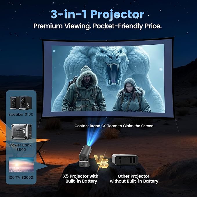 Portabler Projector with Built-in Battery, Outdoor Movie Projector for Camping, Backyard, Bedroom, Mini Projector with WIFI and Bluetooth, 180° Rotatable Stand, Auto Keystone, Electric Focus