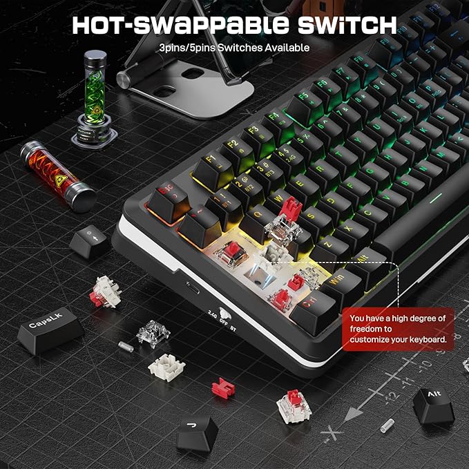 Redragon K713 Wireless Mechanical Keyboard, Gasket Mounted RGB Gaming Keyboard, 3-Mode (2.4G/BT/USB), Pre-Lubed Linear Red Switches, 75％ Layout, 82 Keys Hot Swappable for PC/Mac - Black