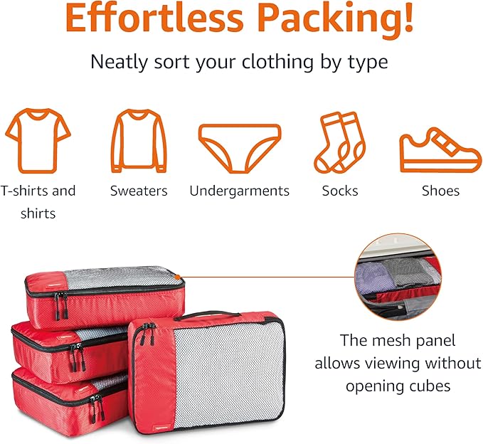 Amazon Essentials 4-Piece Packing Cubes Travel Accessories Set, Luggage Organizer with Double Zipper, Mesh Top, 100% Polyester, Medium, Red (Previously Amazon Basics)