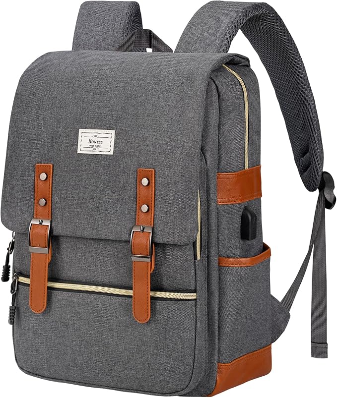 Ronyes Vintage Laptop Backpack for Women Men,15.6 inch Bookbag Casual Daypack with USB Charging Port for College Work, Grey Backpacks
