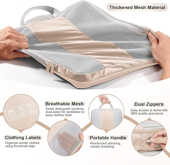 8 Set Compression Packing Cubes for Travel Essentials,Compressible Expandable Packing Cubes for Suitcase,OlarHike Luggage Organizer Bags for Travel,Handy Helper for Organizing Clothes(Beige)