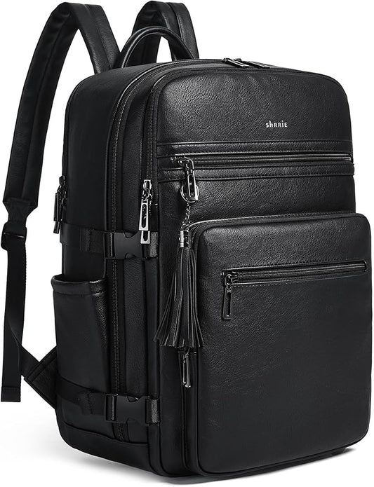 Shrrie Laptop Backpack for Women,Vegan Leather Backpack Work Computer Backpacks fits 16" Laptop,Water Resistant Teacher Nurse Casual Daypack for Weekender Camping Travel,Two-toned Black