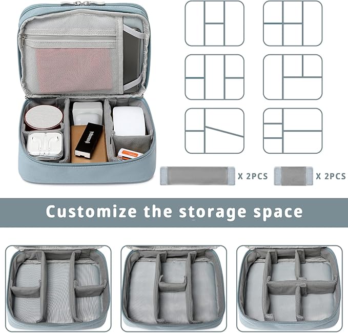 mygreen Electronics Travel Organizer, Watreproof Electronic Accessories Case Portable Double Layer Cable Storage Bag for Cord, Charger, Flash Drive, Phone, Ipad Mini, SD Card, Gifts for Him Blue