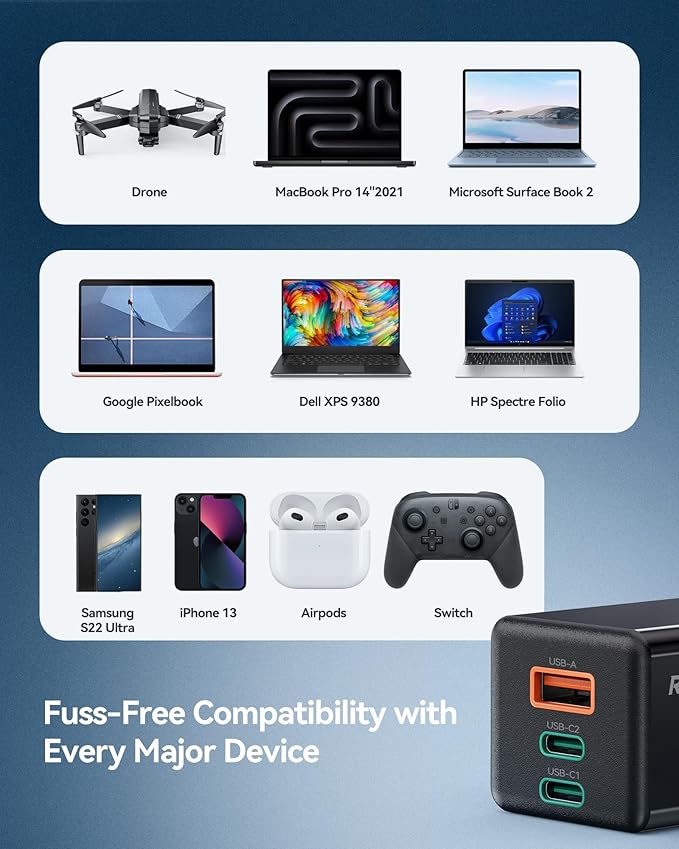 Ruko 65W USB C Charger, 3 Port International Travel Charger Kit, GaN Fast Charging Block with Portable Bag, UK EU Plug for iPhone 17/16, Galaxy S24, MacBook, iPad, Drones and More