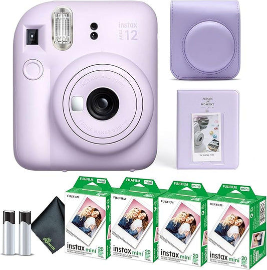 Fujifilm Instax Mini 12 Instant Camera Lilac Purple Bundle with Fuji Instax Mini Film Value Pack (80 Sheets) + Protective Carrying Case + Photo Album + Microfiber Cleaning Cloth