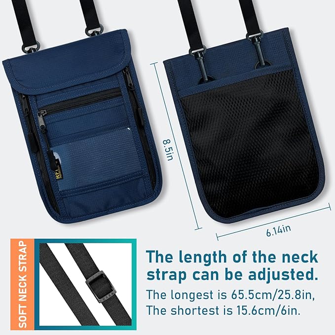 sundee Travel Neck Wallet with Double Zippers, RFID Blocking Passport Holder with Adjustable Neck Strap for Men and Women to Keep Cash, Credit Cards and Travel Documents Safe - Navy Blue