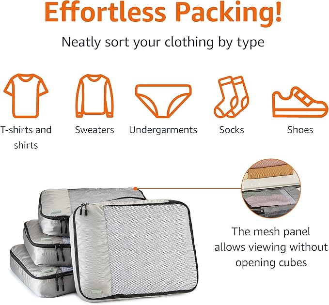 Amazon Essentials 4-Piece Packing Cubes Travel Accessories Set, Luggage Organizer with Double Zipper, Mesh Top, 100% Polyester, Large, Gray (Previously Amazon Basics)