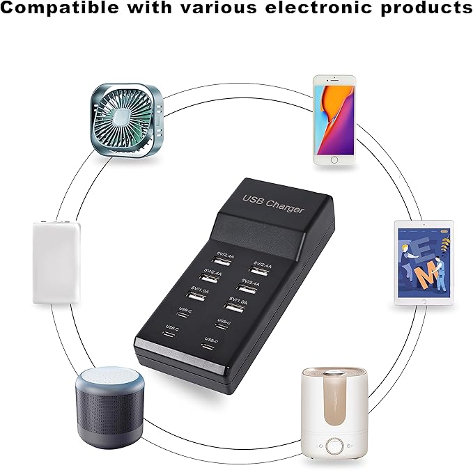 USB Charger,50W USB Charging Station with 10-Port (6 USB-A Port & 4 USB-C Port) Compatible with iPhone 15/14/13/12/11/X/8/7/6 Phones, Watch,Tablets, Smartphones Black