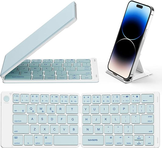 Samsers Bluetooth Foldable Keyboard, Wireless Portable Folding Keyboard, Full-Size Ultra-Slim Rechargeable Connect Up to 3 Devices for iOS Android Windows Phone Tablet and Laptop, Blue