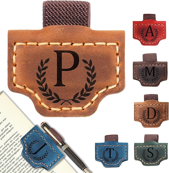 Personalized Bygone Mark Bookmark with Pen Holder, Leather Magnetic Bookmark 26 Letters Name Initial Bookmarks for Readers, Book Lover Gifts for Women Men Notebook Accessories (Brown, P)