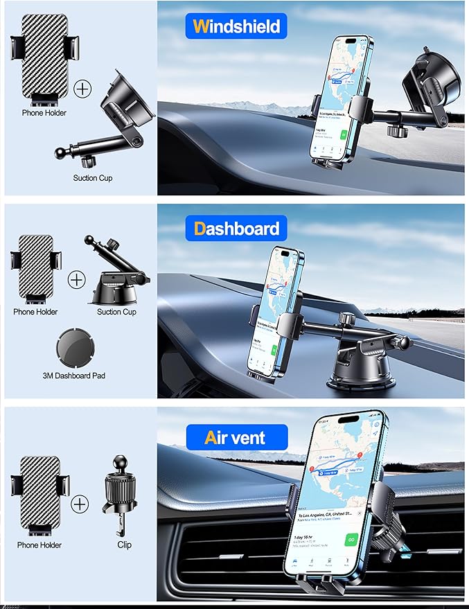 Qifutan Dash Mounted Holders Phone Holders for Your Car Phone Mount for Car Windshield Dashboard Air Vent Universal Desk Mounts Hands Free Automobile Cell Phone Holder Fit for iPhone Smartphone