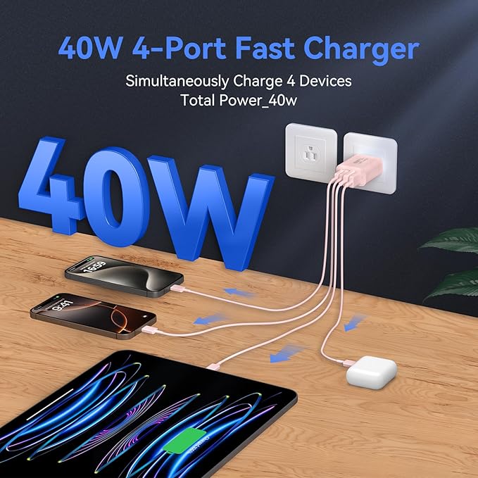 USB C Wall Fast Charger Block, 40W 4-Port Type C Chargers Fast Charging Blocks PD Power Charger Adapter+QC 3.0 USB Multiport Charger Brick for Phone 17/16/15/14/13/12 Pro Max, i-Pad, Galaxy S25-2Pack