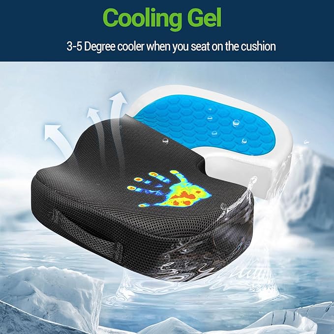 Gel Seat Cushion for Car Office - Memory Foam Pain Relief Chair Pillow Cushions - Tailbone Sciatica Coccyx Butt Lumbar Support Pad for Sitting Driving Traveling, Mesh, Black