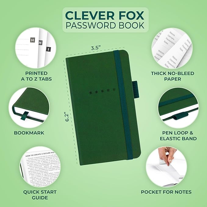 Clever Fox Password Book – Alphabetized Internet Address & Password Organizer - Computer & Website Password Keeper Notebook – Log-In Password Journal – Pocket, 6.2x3.5″, Hardcover (Dark Green)