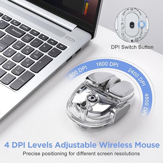 Q9 Wireless Mouse, 2.4G/BT Dual Mode, 4 Adjustable DPI (800-4800), Ultra-Quiet Click, Bluetooth Mouse with RGB Breathing Light, 500mAh Long Battery, Portable for PC/Laptop/Mac/Tablet(Silver)