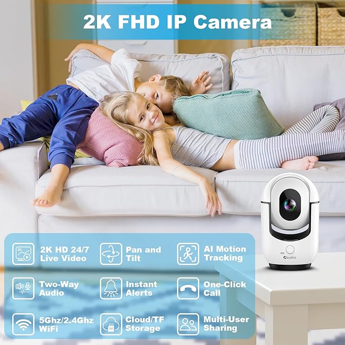 2K Indoor Camera, 5/2.4 GHz WiFi Pan/Tilt Security Camera with AI Motion Detection, One-Click, Wired Baby/Pet Camera with 2-Way Audio, 24/7, Siren Alarm, TF/Cloud Storage - 4 Pack
