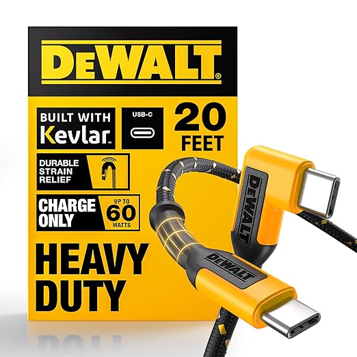DEWALT Heavy Duty Extra Long USB C Cable (20 ft/6M), Fast 60W Type C Charging Cable, 90Degree Connector TypeC Charger Cord for Oculus Quest, PS5 Controller, Samsung Galaxy, Z Fold/Flip (Charge Only)