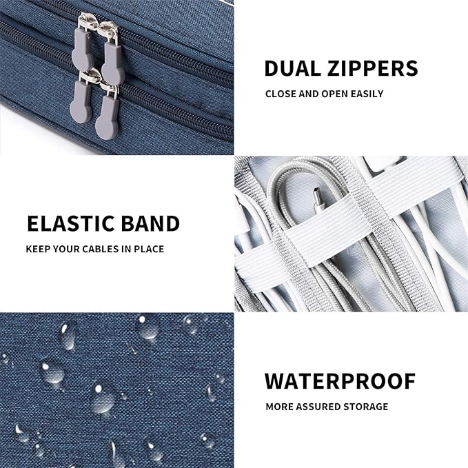 MIRLEWAIY Travel Cord Cable Organizer, Portable Electronics Accessories Carrying Bag Storage Case for Dad's Day Hard Drives, Cable, Cord, Charger, Hard Drive, Earphone, Dark Blue