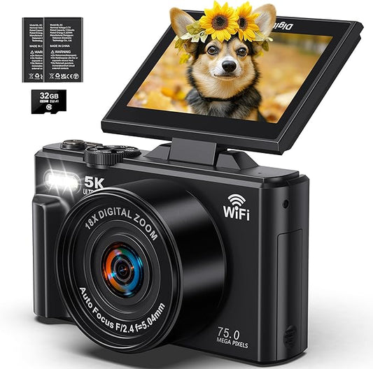 5K Digital Camera - WiFi 75MP Cameras for Photography - UHD Vlogging Camera for YouTube with 3" 180° Flip Screen - Autofocus Compact Video Travel Camara with 18X Zoom, 32GB SD Card, 2 Batteries
