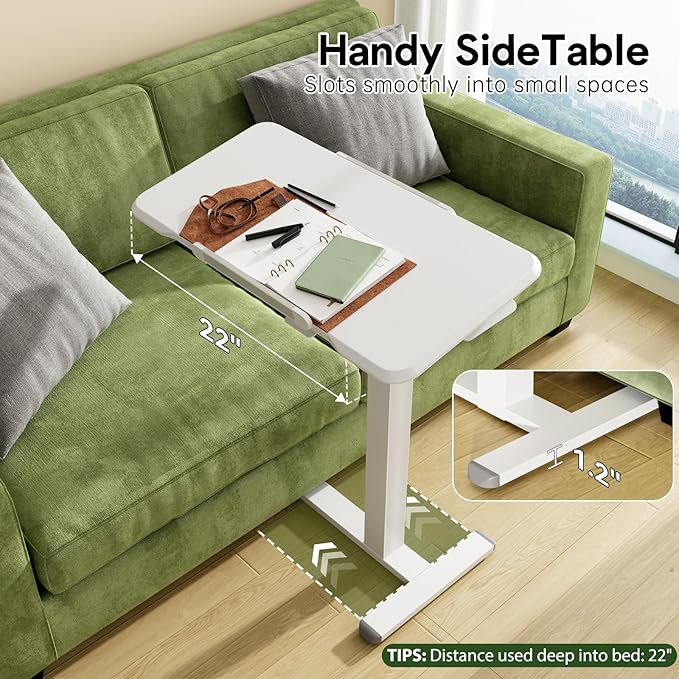 Rolling Laptop Desk, 180° Tiltable Mobile Standing Desk Height Adjustable, Overbed Bedside Table, Portable Computer Desk with Wheels, Foldable Laptop Cart for Home Office, White