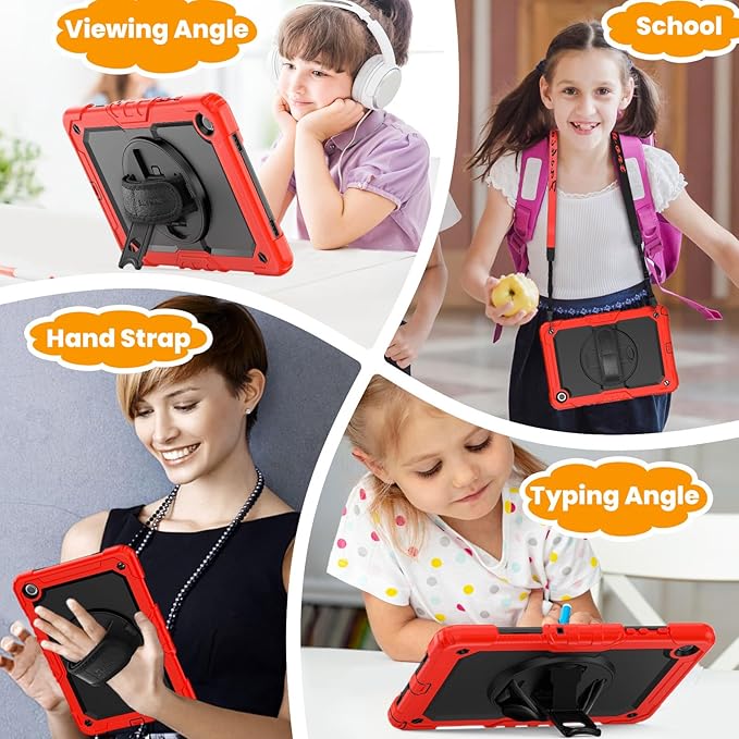 SEYMAC stock Case for Samsung Galaxy Tab A9+ Plus 11'', Full-Body Drop Protection Case with Screen Protector Pencil Holder [360° Rotating Hand Strap] &Stand, Red+Black