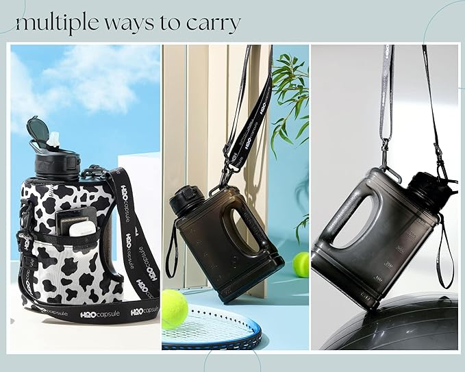 H2O Capsule Half Gallon Cube Square Water Bottle - 2.2L Water Bottle with Strap, Storage Sleeve, Covered Straw and Chug Lid – BPA Free Reusable Sports Water Jug with Handle, (68 Ounce), (Cow)