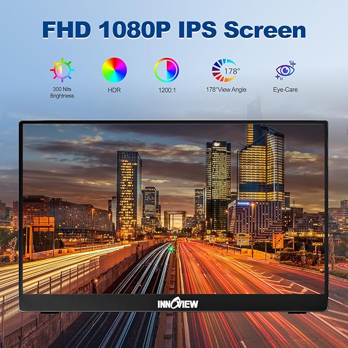 InnoView Portable Monitor 15.6" 1080P Portable Monitors for Laptop with Protective Sleeve Built-in 90° Adjustable Stand USB C HDMI Ultra-Slim Portable Laptop Monitor for MacBook Phone PS Xbox Switch