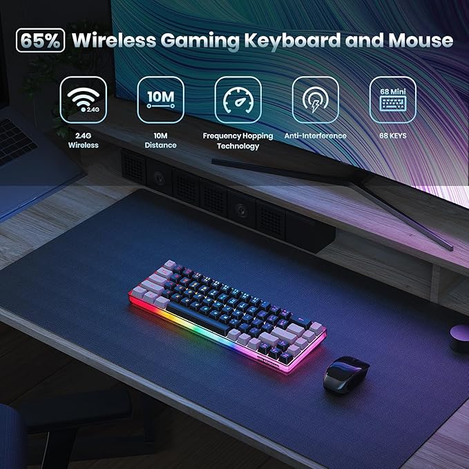 65% Wireless Gaming Keyboard, LED Backlit Gaming Keyboard, 68 Keys Ultra-Compact Anti-ghosting No-Conflict Wireless Keyboard for PC Laptop Windows Gamer(Black-Pink)