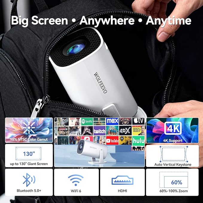 Mini Projector with WiFi 6 and Bluetooth 5.0, Portable Projector 4K support with Android14 System, 210° Rotation, Auto Vertical Keystone Smart Proyector for Home Theater, Business Presentation, Gaming