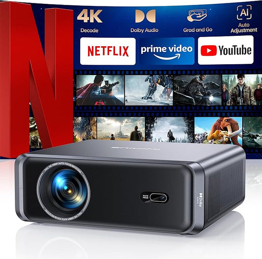 [Netflix-Licensed/Compact Design] Smart Outdoor Projector with WiFi6 and Bluetooth, 4K Supported Movie Projector, DoIby Audio w/ HDMI ARC, Built-in Apps, AI Auto Focus, Portable Home Proyector P65