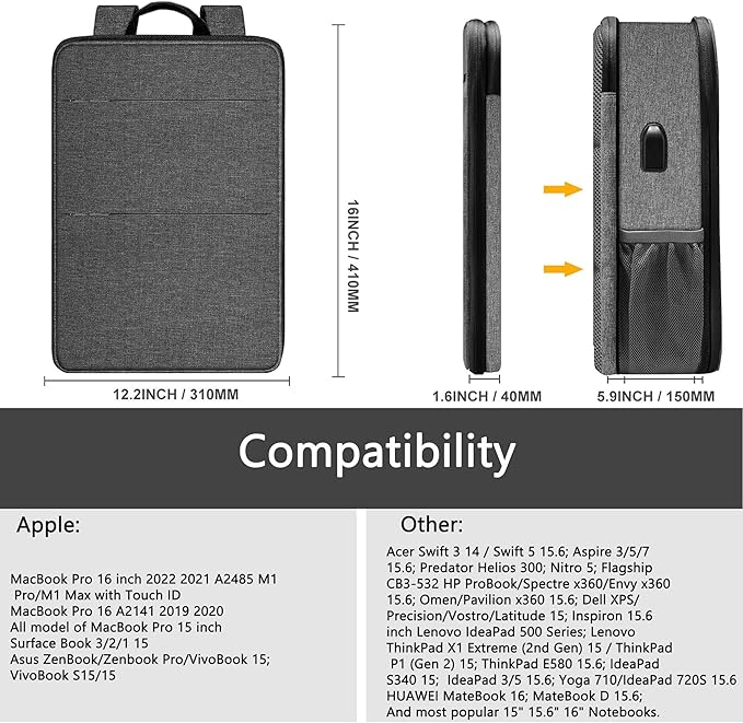 ZINZ Slim & Expandable Laptop Backpack 15 15.6 16 Inch Sleeve with USB Port, Spill-Resistant Notebooks Bag Case for Most 14-16 Inch MacBooks Surface-Books Dell HP Lenovo Asus Computers,G01BK02