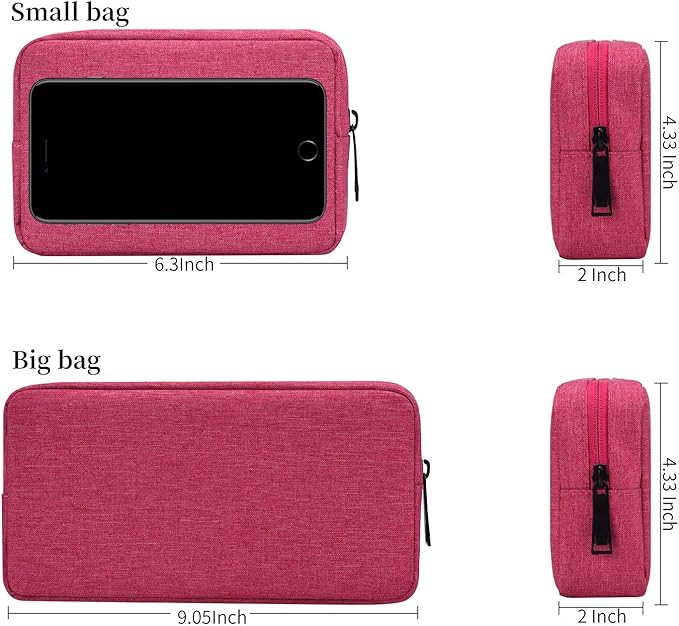 Electronics Accessories Bag, Waterproof Electronics Accessories Travel Case Compatible Laptop Charger Various USB, Cables, Cords and Power Travel Gadget Carry Bag, Rose Red (Small+Big)