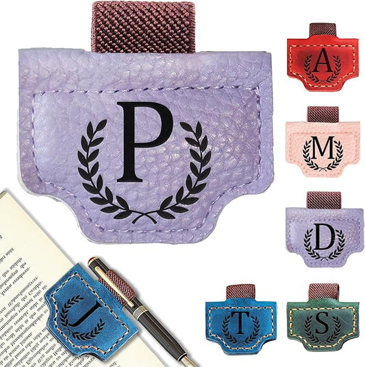 Personalized Bygone Mark Bookmark with Pen Holder, Leather Magnetic Bookmark 26 Letters Name Initial Bookmarks for Readers, Book Lover Gifts for Women Men Notebook Accessories (Purple, P)