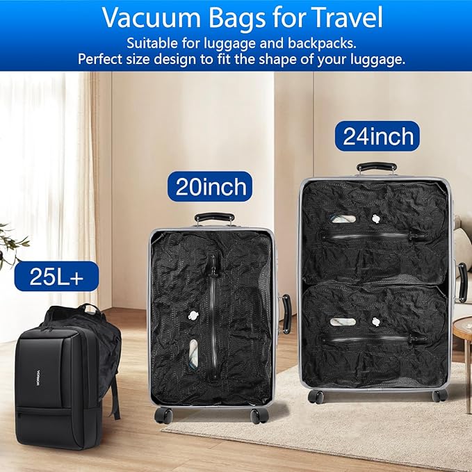 Vacuum Travel Bags with Pump Wireless, 2PC Reusable Compression Bags for Travel, Double Layer Travel Vacuum Bags for Luggage with IP67 Waterproof, Vacuum Seal bags for Clothing travel, 45L, 2PC+Pump