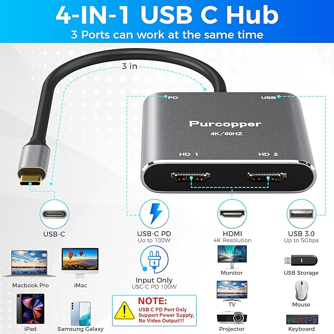 USB C to HDMI Multiport Adapter, 4 in 1 Type-C Hub with Dual 4K HDMI Ports & PD Max 100W Charging & USB 3.0 OTG Data Port Digital AV Converter for MacBook Pro/Air, iPad Pro/Air, iPhone 15 Series
