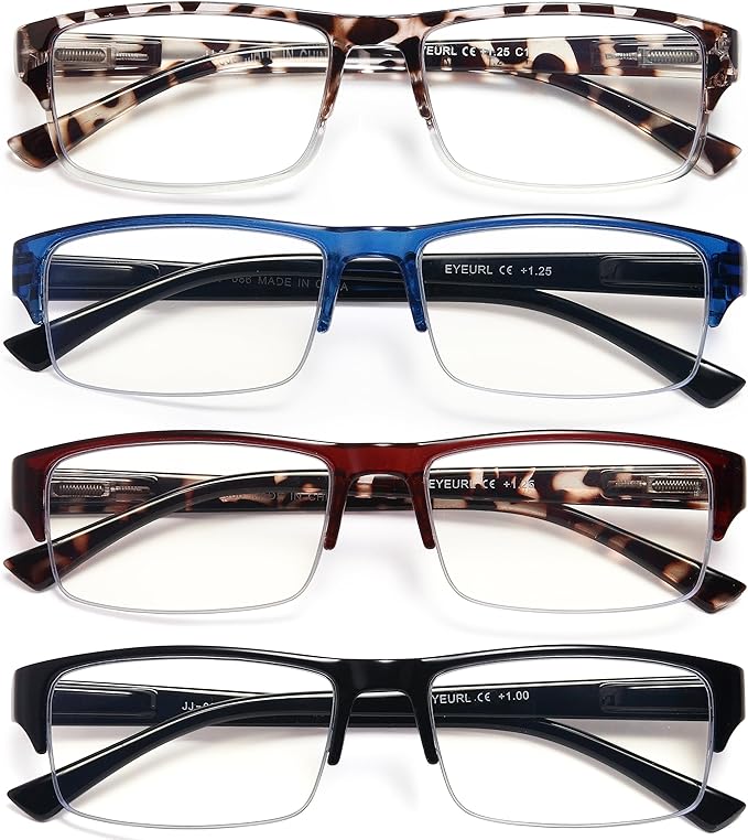 EYEURL 4-Pack Half Frame Blue Light Reading Glasses for Men Rectangle Semi Rimless Readers for Women Spring Hinge Eyeglasses