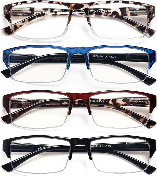 EYEURL 4-Pack Half Frame Blue Light Reading Glasses for Men Rectangle Semi Rimless Readers for Women Spring Hinge Eyeglasses