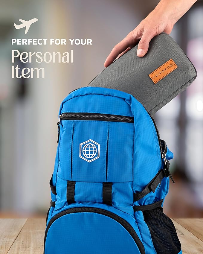 Tech Bag Organizer - Small Electronics Organizer Pouch for Travel - Premium Travel Case with Leather Accents - Mesh Pocket for Cables, Cords and Chargers (Grey)