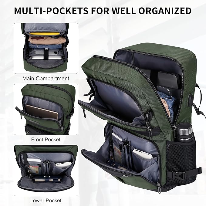 WITZMAN Carry on Travel Backpack for Men Women Laptop Backpack with USB Charging Port Airline Approved(B683 Army Green)