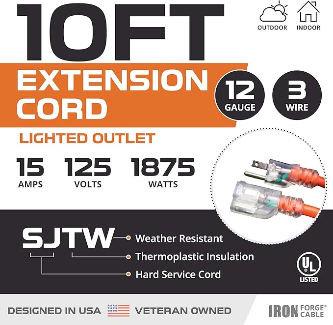 Iron Forge Cable 12 Gauge Extension Cord 10 ft, 12/3 SJTW 10 Foot Heavy Duty Extension Cord Outdoor 3 Prong, Weatherproof Orange Power Cable 15 Amp, Great for Major Appliances