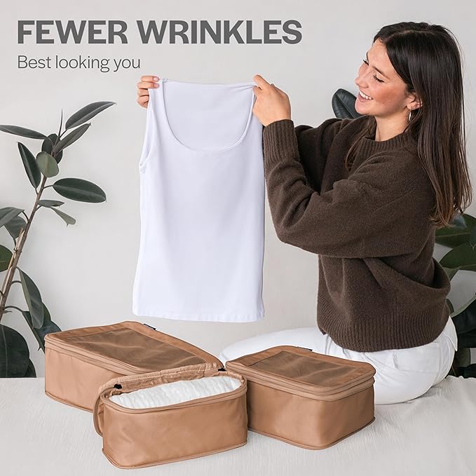 Compression Packing Cubes for Travel - Luggage Organizer Bags - Double Zipper Packing Cubes for Suitcases (2-Pack, Mocha)