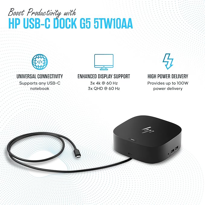 HP Docking Station for Laptop Dual Monitor and Charging - 5TW10AA / 5TW10UT / 5TW10AA#ABB USB-C G5 Dock with 120W + HDMI Cable + DisplayPort Cable (Renewed)