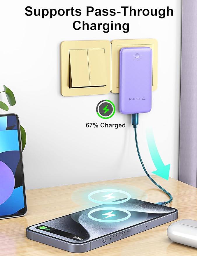 miisso Ultra Slim 10000mAh Power Bank Built-in Cables and Foldable AC Wall Plug, Pocket Size USB C Portable Charger, External Battery Pack Compatible with iPhone Samsung iPad etc, Purple