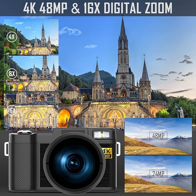 4k Digital Cameras for Photography, 48MP Video/Vlogging Camera for YouTube, Vlogger Kit, Content Creator Kit-Microphone & Remote Control Tripod Grip, Travel Camera with Wide-Angle & Macro len